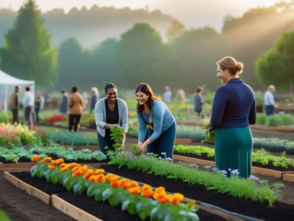 Una comunidad unida disfruta de los beneficios de eventos sostenibles en un jardín comunitario floreciente al atardecer