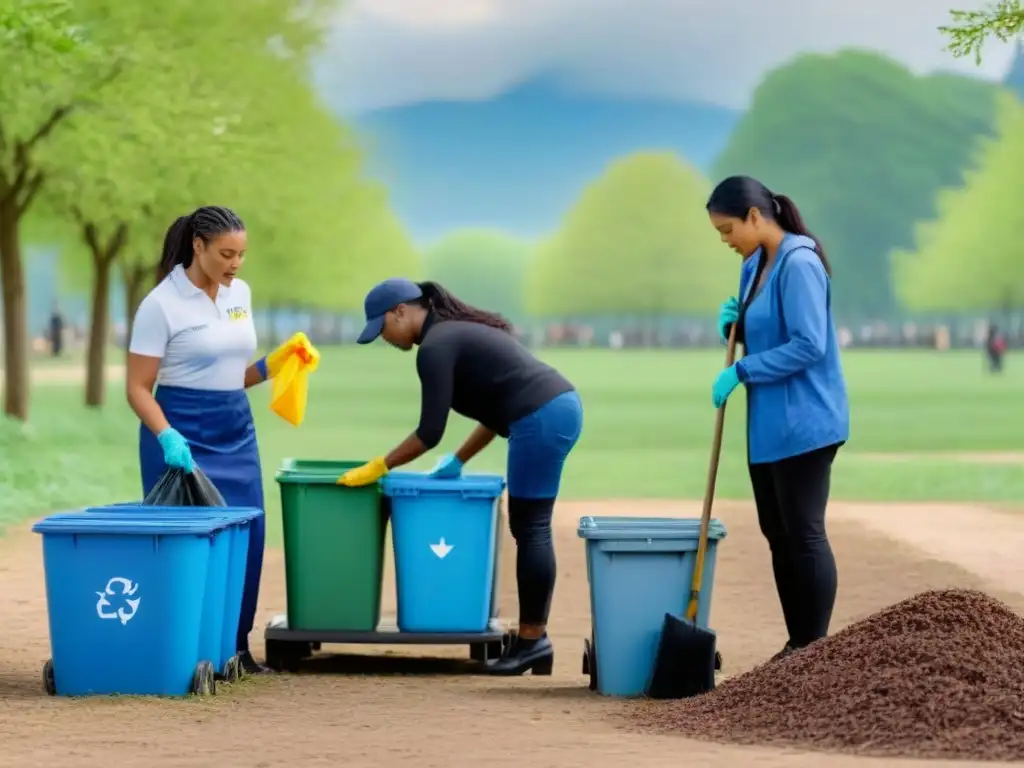 Comunidad unida organizando campañas de reciclaje en el parque local, diversidad de edades y etnias colaborando juntos