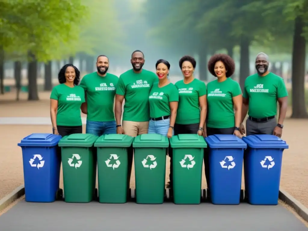 Comunidad unida organizando campañas reciclaje en el parque con simbolo de reciclaje en camisetas y separando materiales en contenedores