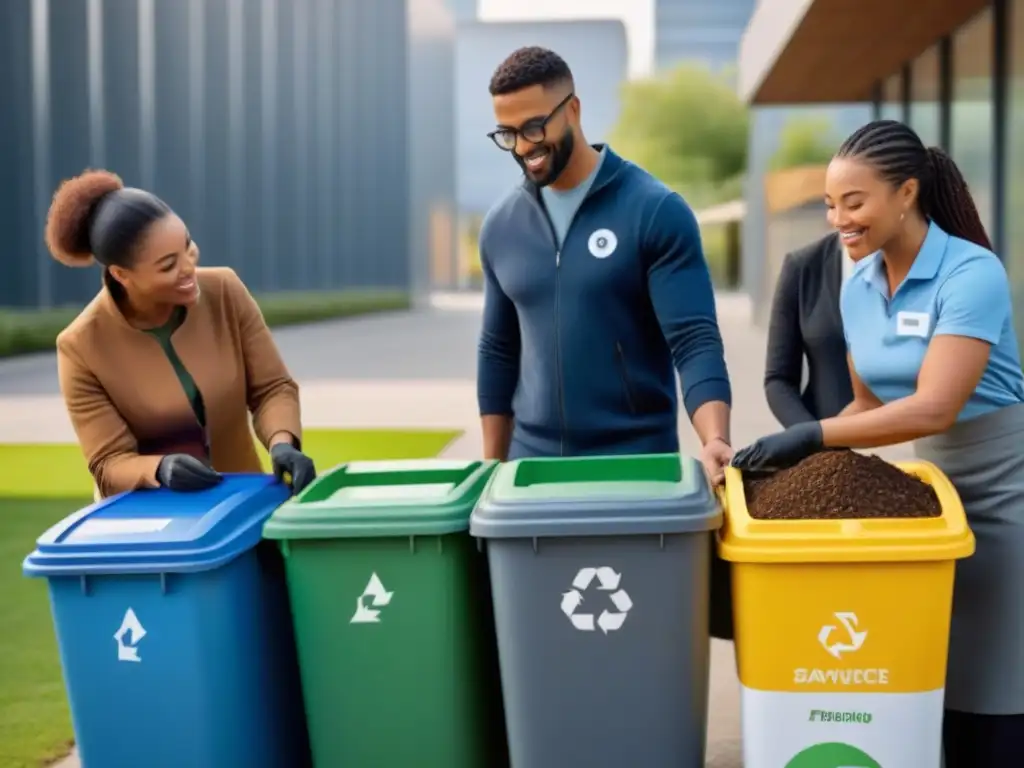 Comunidad unida en un centro sostenible, separando reciclables y compost