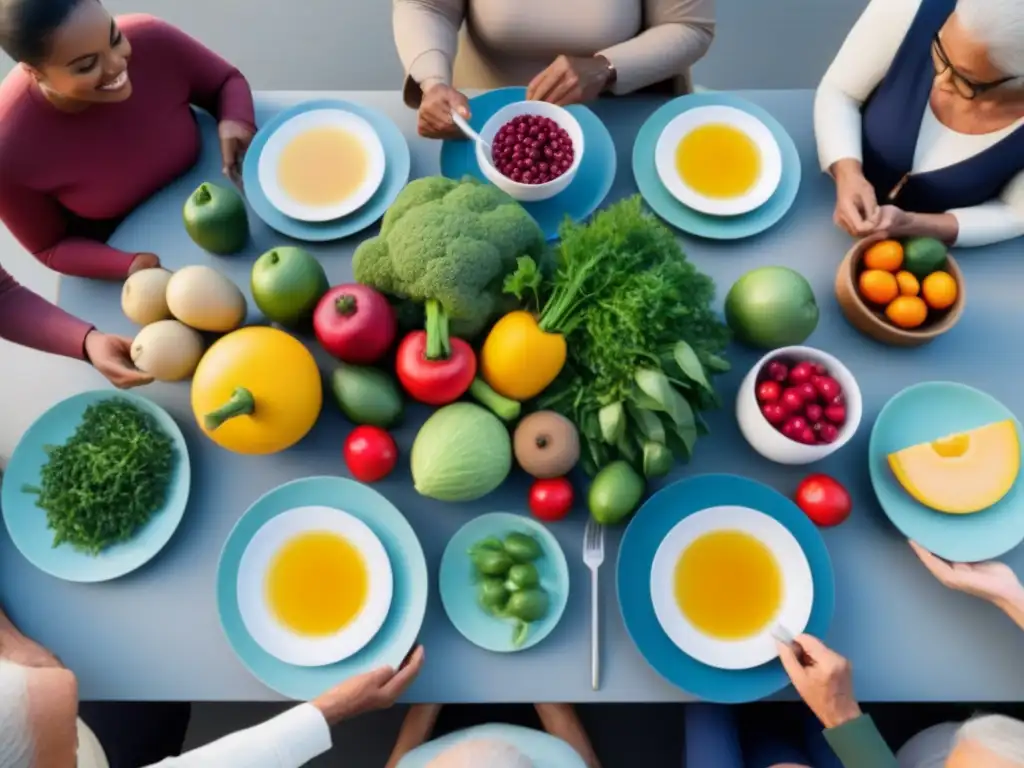 Comunidad unida en evento con mesa llena de alimentos, reducir desperdicio alimentos eventos comunitarios