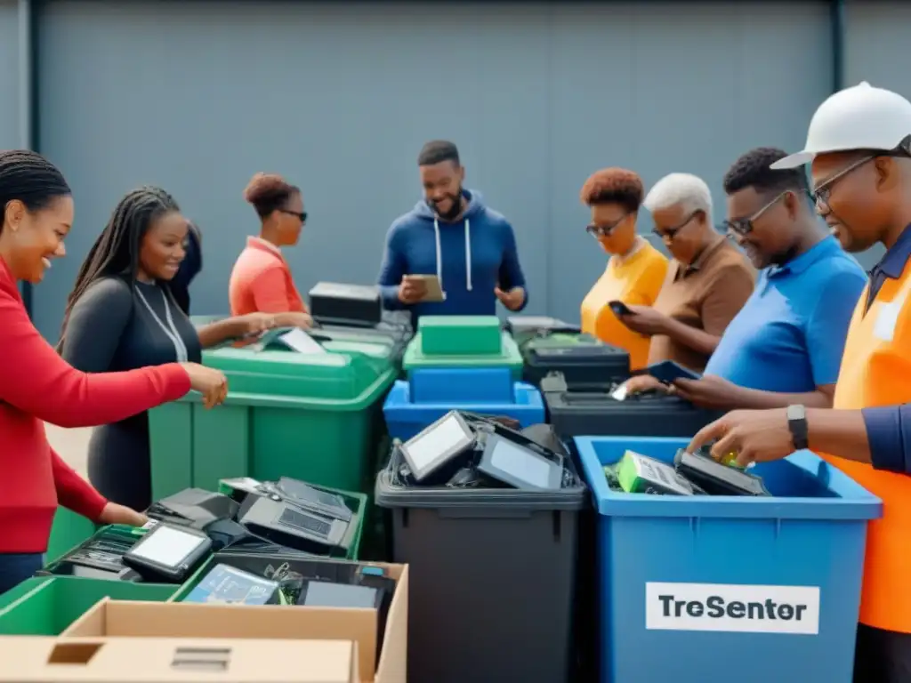 Una comunidad unida practica el reciclaje de electrónicos sostenible en un centro vibrante