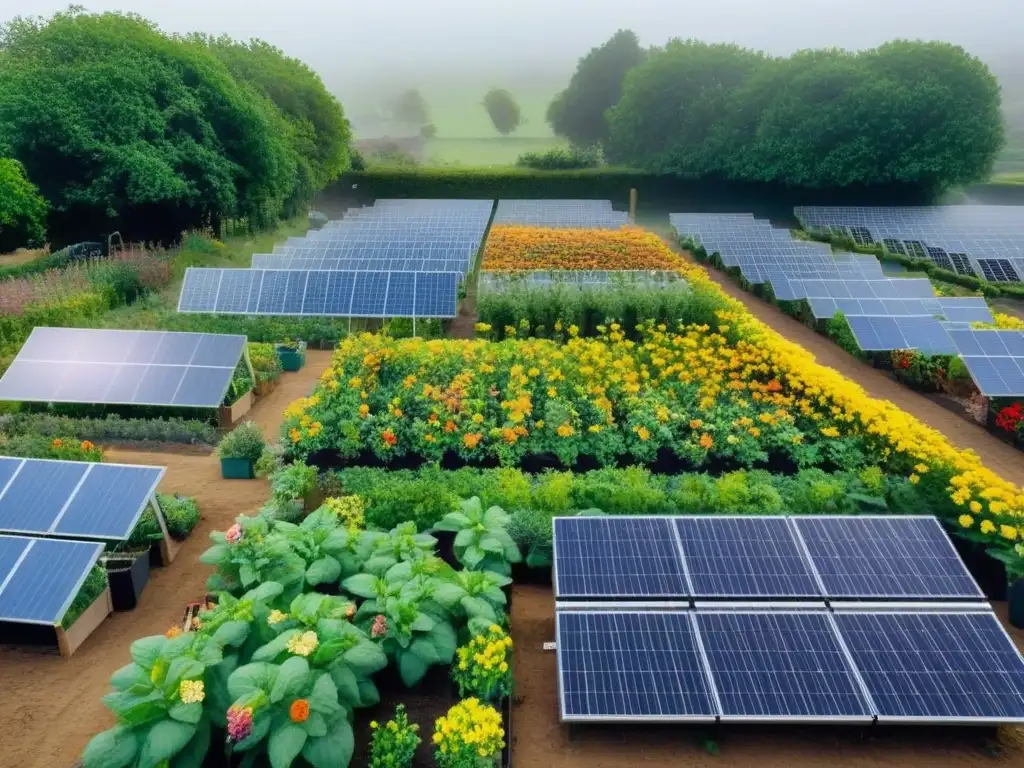 Una comunidad vibrante y diversa en un jardín lleno de flores y vegetación, donde personas de todas las edades y orígenes trabajan armoniosamente