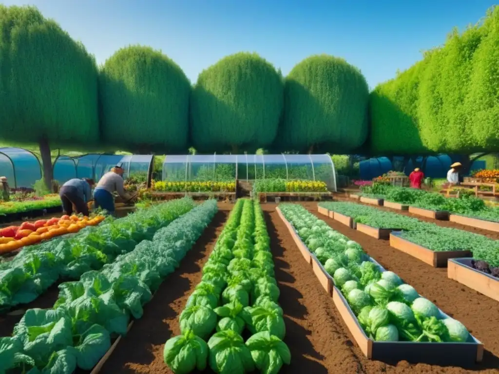 Una comunidad vibrante y diversa cultiva vegetales y frutas orgánicas en un jardín, rodeados de naturaleza