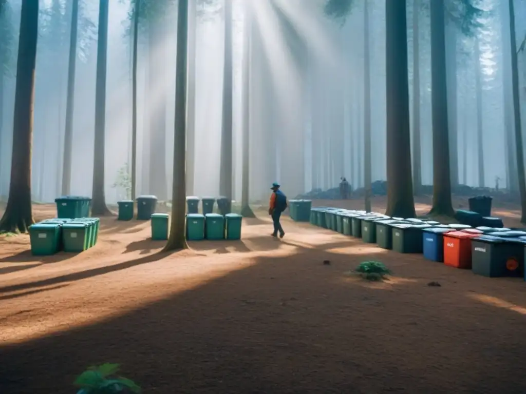 Comunidades indígenas practicando vida sostenible en el bosque sereno con luz solar filtrada entre árboles altos