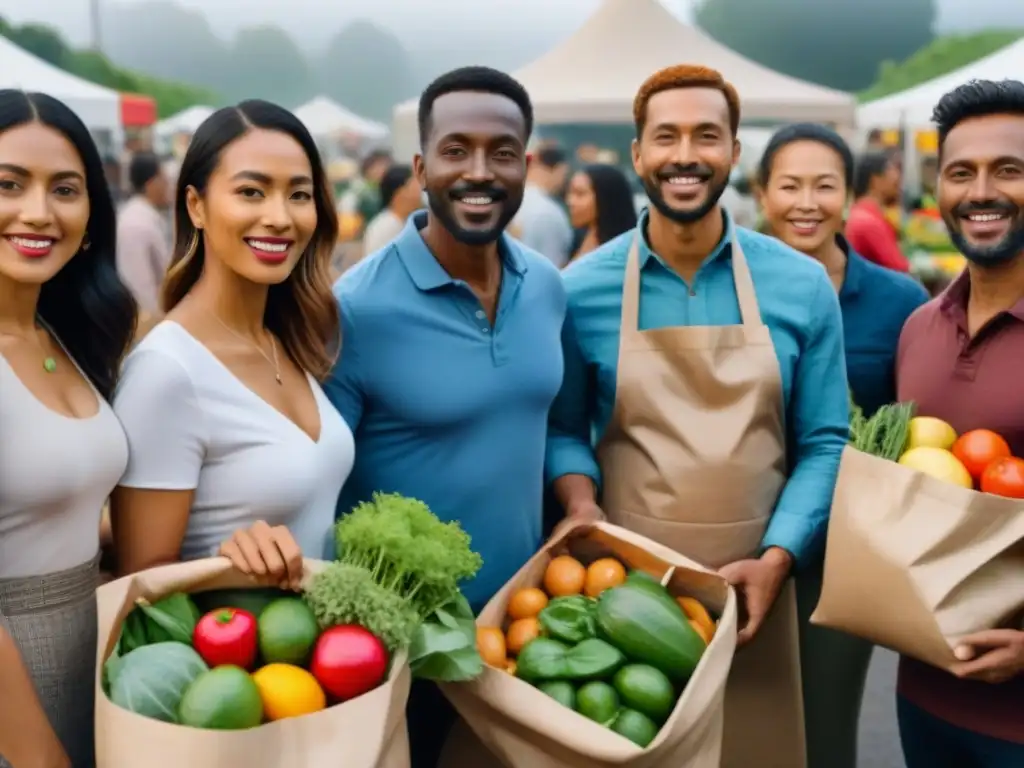 Comunidades locales abrazando un estilo de vida sostenible en un mercado lleno de color y diversidad, uniéndose para reducir residuos