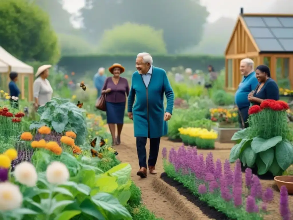 Comunidades locales cultivando juntas en un jardín vibrante y diverso, promoviendo la sostenibilidad y la unión