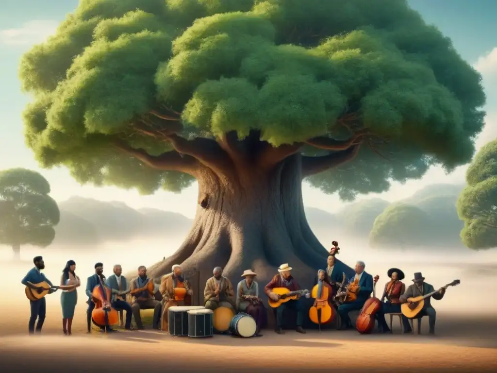 Comunidades sostenibles estilo de vida: Personas diversas tocando música junto a un árbol con instrumentos reciclados