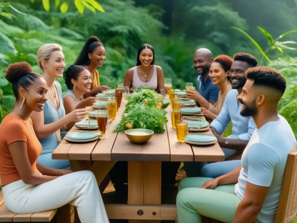 Celebración comunitaria al aire libre con comida sostenible y zero waste en medio de la naturaleza