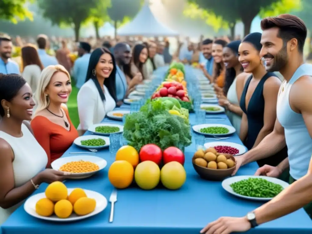 Celebración comunitaria con mesa llena de alimentos frescos y coloridos en un parque soleado