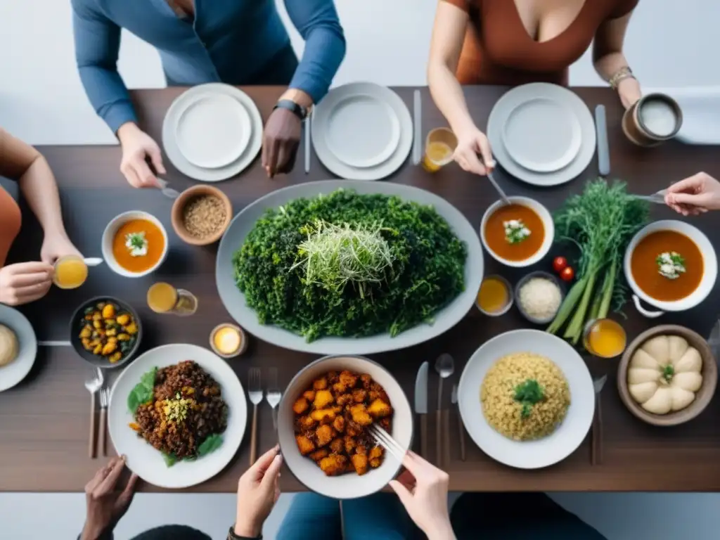 Celebración comunitaria en torno a una mesa abundante de platos vegetales