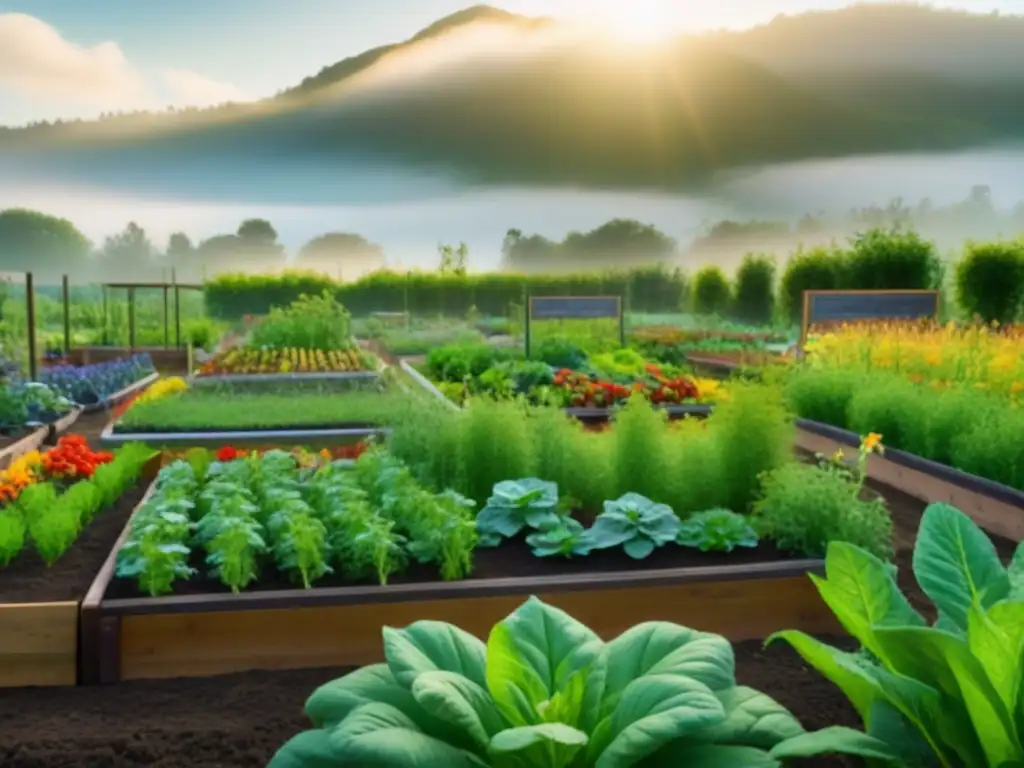 Un jardín comunitario armonioso y diverso bajo el sol, reflejando la educación ambiental comunitaria