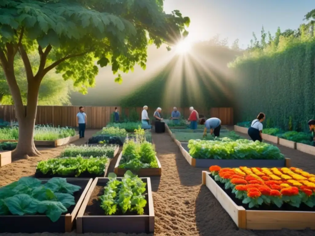 Un jardín comunitario armonioso y sereno, donde la diversidad florece entre sonrisas y conversaciones