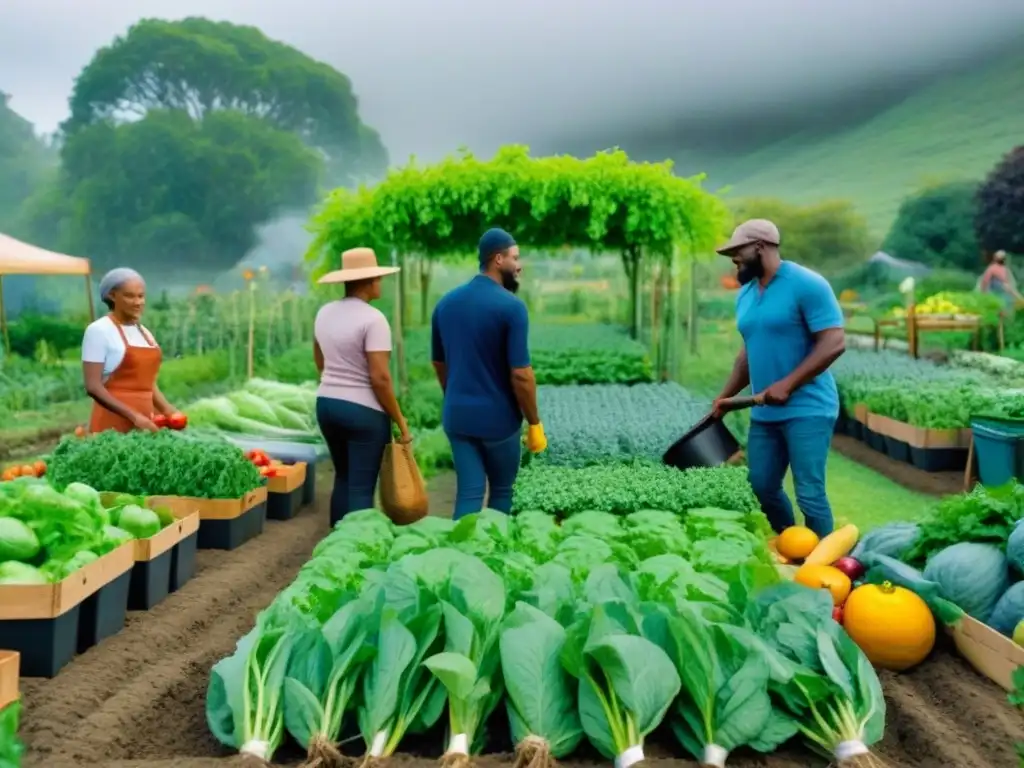 Un jardín comunitario diverso y colaborativo, cosechando frutas y verduras frescas