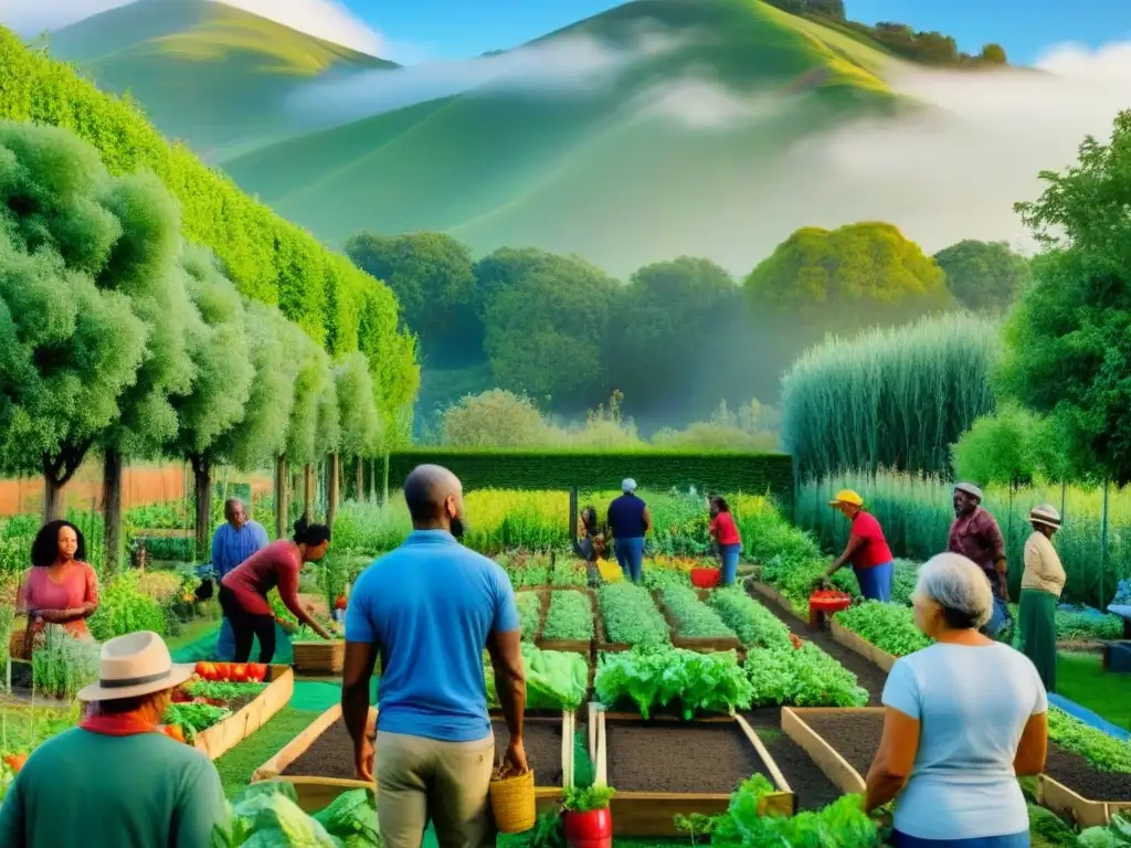 Un jardín comunitario diverso y próspero simbolizando unidad y sostenibilidad