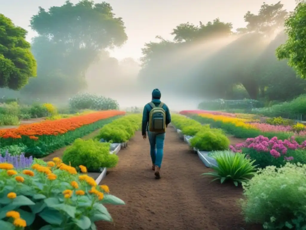 Un jardín comunitario exuberante con flores coloridas, abejas y mariposas