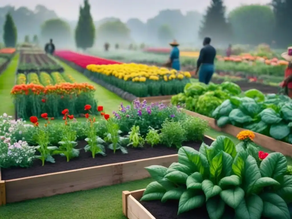 Un jardín comunitario lleno de flores y verduras coloridas, donde personas de distintos orígenes colaboran felices