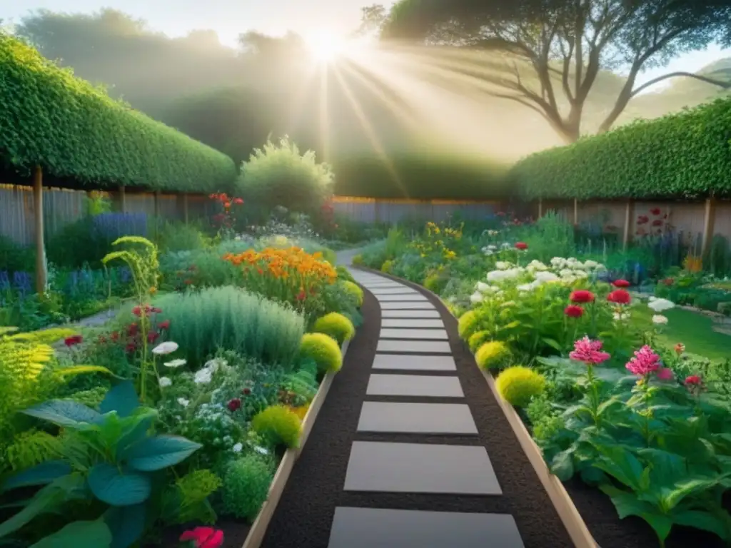 Un jardín comunitario lleno de vida y color, donde las plantas y mariposas conviven en armonía