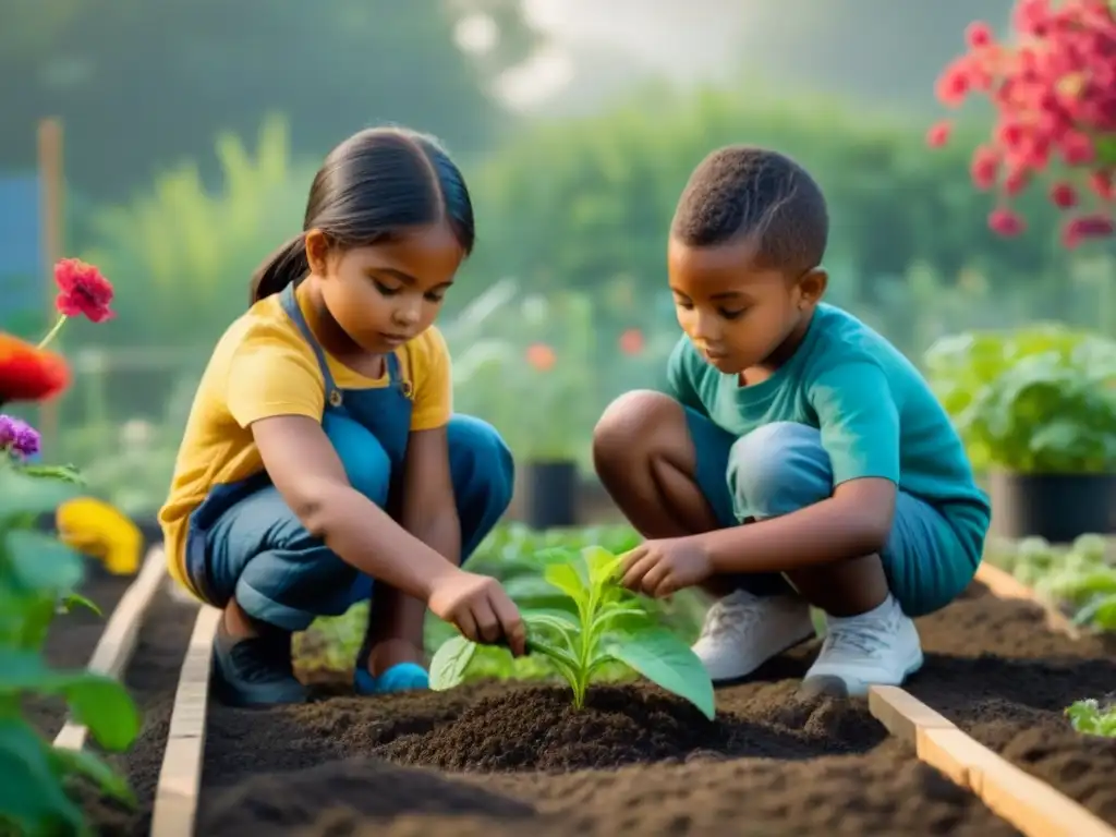 Un jardín comunitario donde niños realizan actividades sostenibles como plantar árboles y reciclar