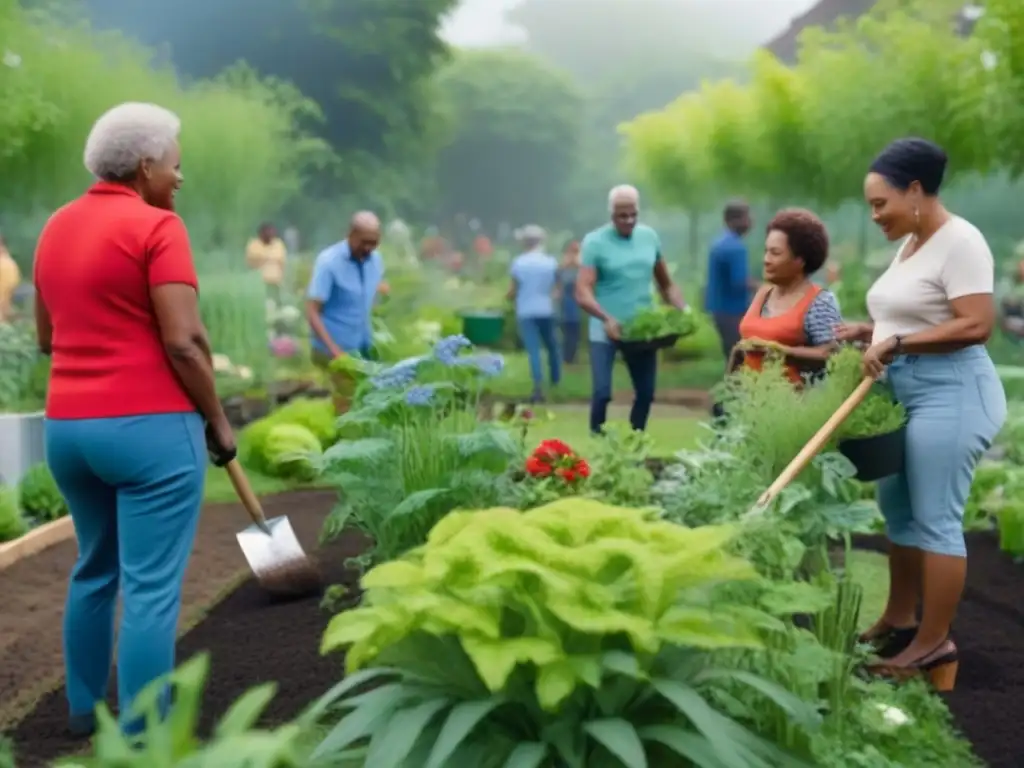 Un jardín comunitario donde personas de todas las edades trabajan juntas, destacando los beneficios de los espacios verdes comunitarios