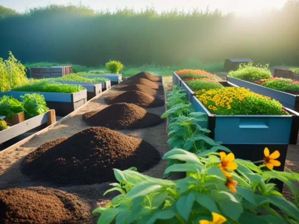 Un jardín comunitario pintoresco con plantas exuberantes y flores coloridas, rodeado de contenedores de compostaje hechos de materiales reciclados