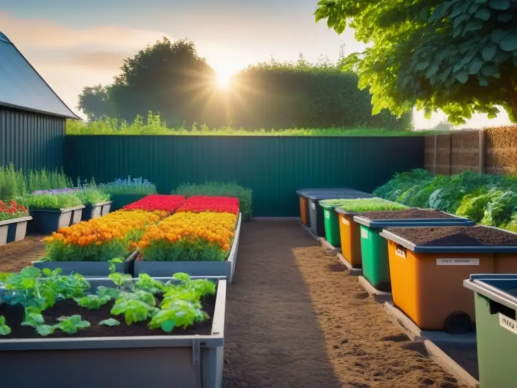 Un jardín comunitario con plantas verdes exuberantes y flores coloridas, rodeado de contenedores de compostaje y estaciones de reciclaje