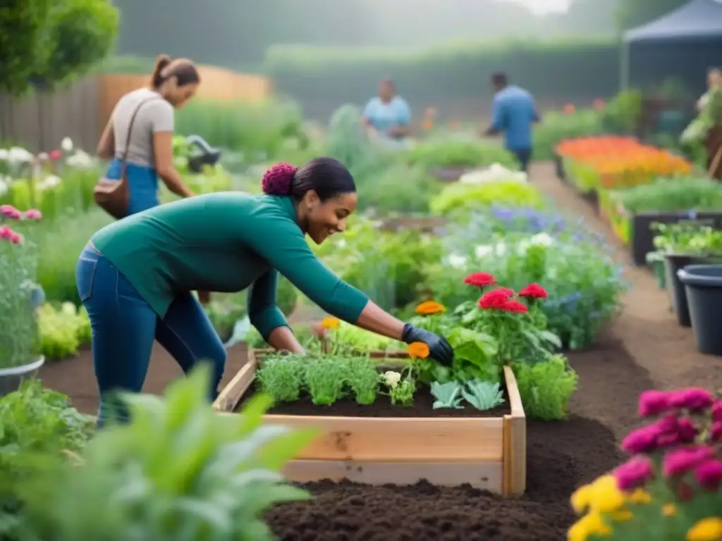 Un jardín comunitario próspero con diversidad de plantas y personas trabajando juntas