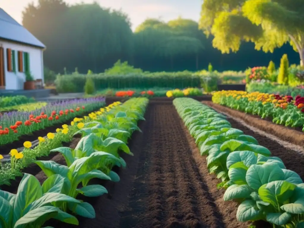 Un jardín comunitario próspero con flores coloridas, plantas verdes exuberantes y hortalizas vibrantes, todo floreciendo en suelo enriquecido con compostaje comunitario para desechos orgánicos