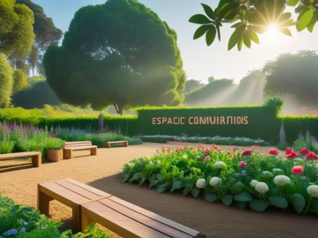 Un jardín comunitario sereno y vibrante con flores y vegetación en patrones geométricos