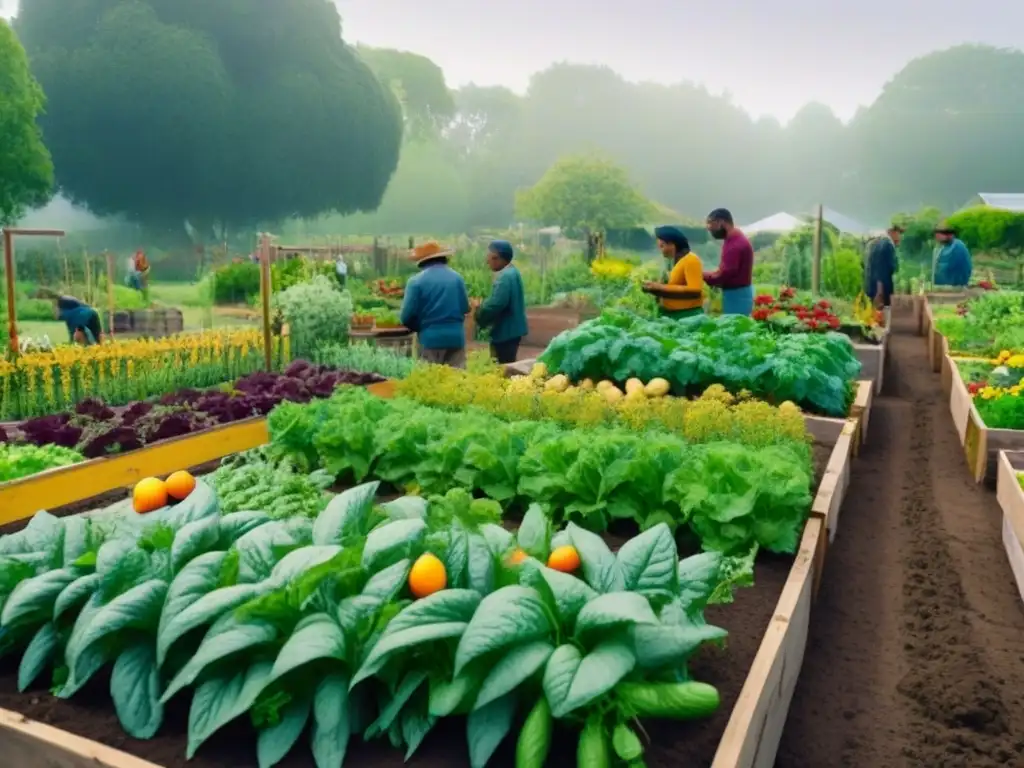 Un jardín comunitario sostenible y biodiverso, donde personas diversas cultivan en armonía flores y alimentos