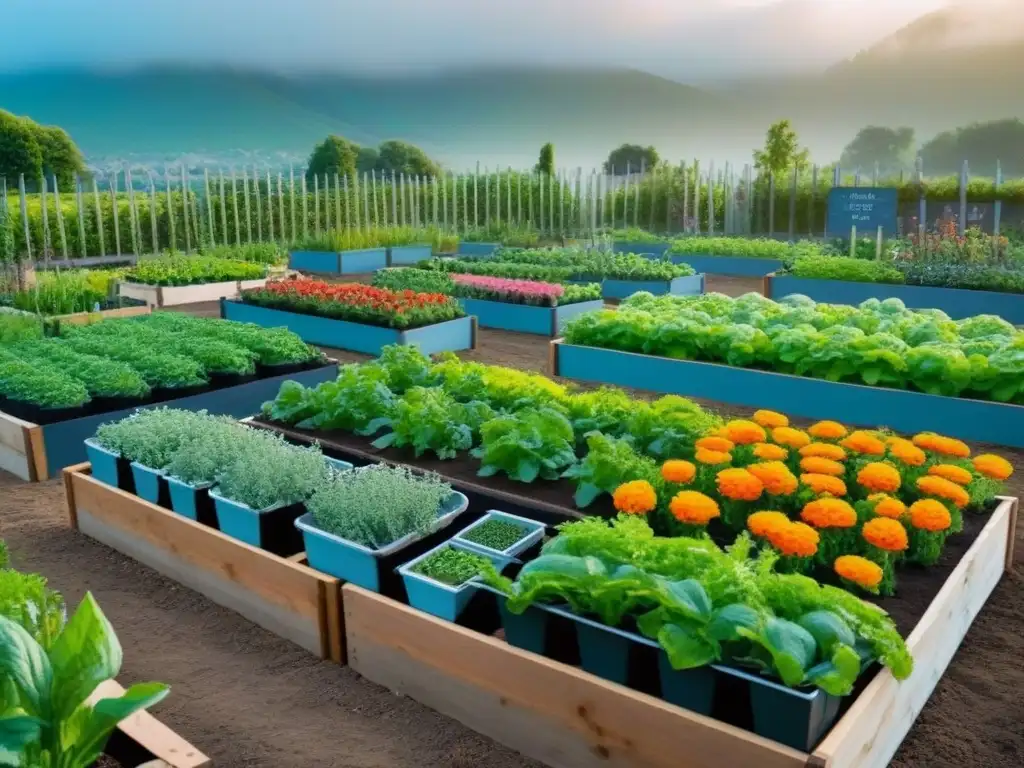 Un jardín comunitario sostenible y colorido, organizado en camas elevadas, rodeado de vegetales y hierbas