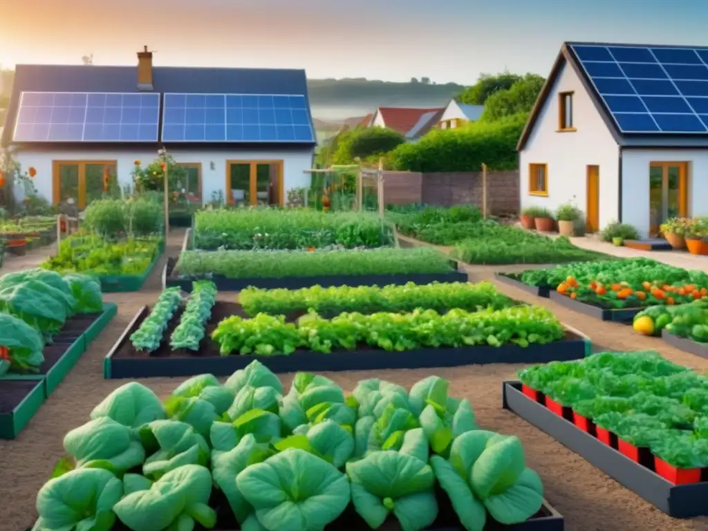 Un jardín comunitario sostenible con frutas, verduras y flores, rodeado de casas con paneles solares