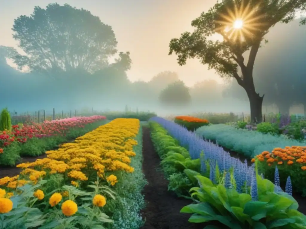 Un jardín comunitario sostenible lleno de biodiversidad y armonía entre personas y naturaleza