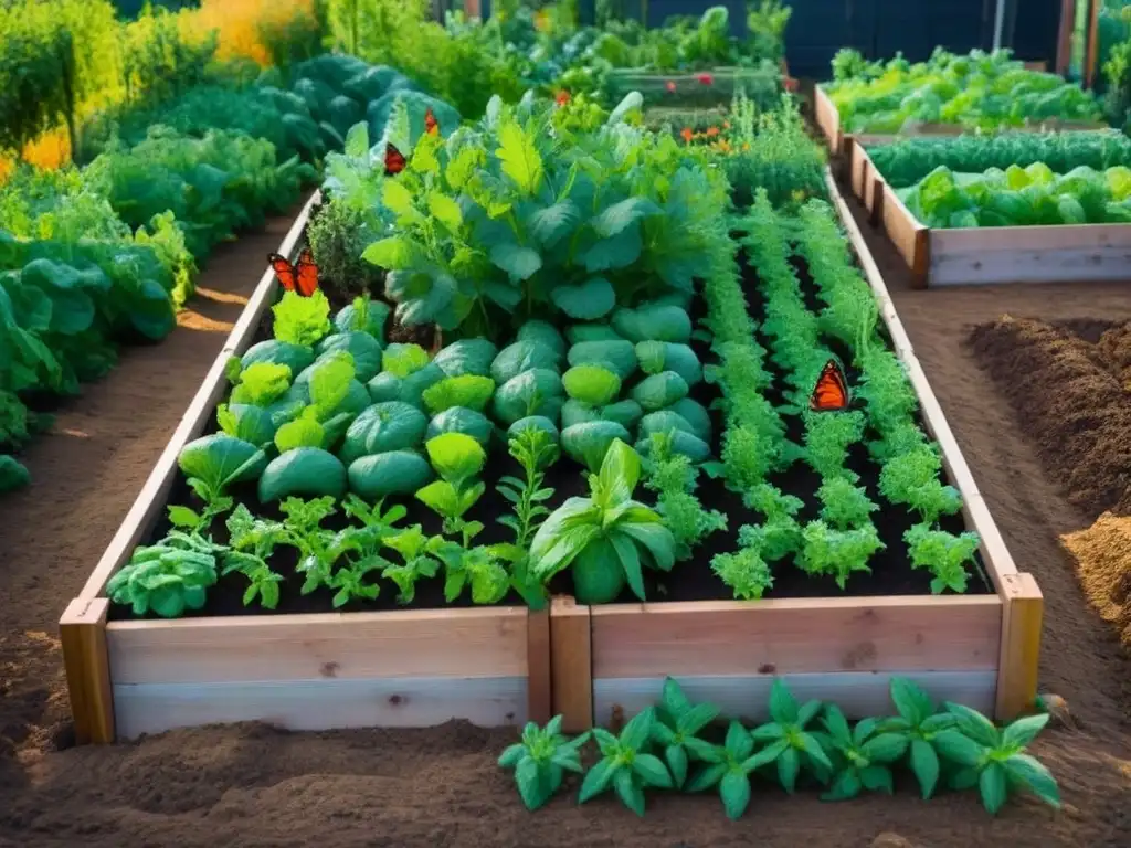 Un jardín comunitario sostenible y lleno de vida, donde personas diversas cuidan de la tierra y comparten alimentos