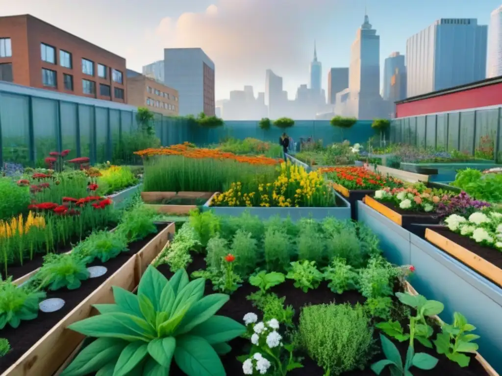 Un jardín comunitario sostenible rebosante de biodiversidad: plantas, insectos y aves conviven en armonía en camas elevadas