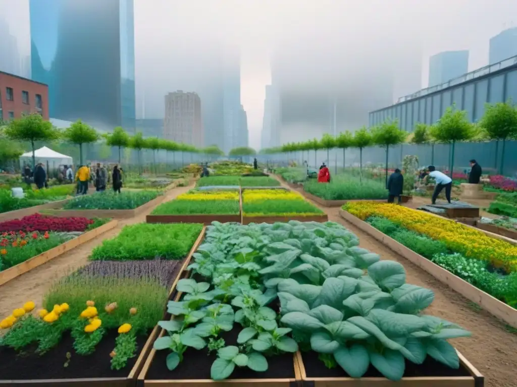 Un jardín comunitario vibrante en una ciudad bulliciosa, donde ciudadanos de todas las edades participan activamente en tareas de jardinería