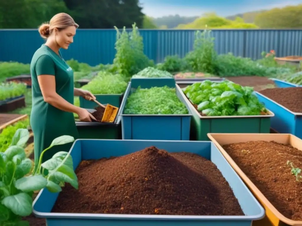 Un jardín comunitario vibrante con compostaje para reducir desperdicio, donde se colabora y cultiva en armonía