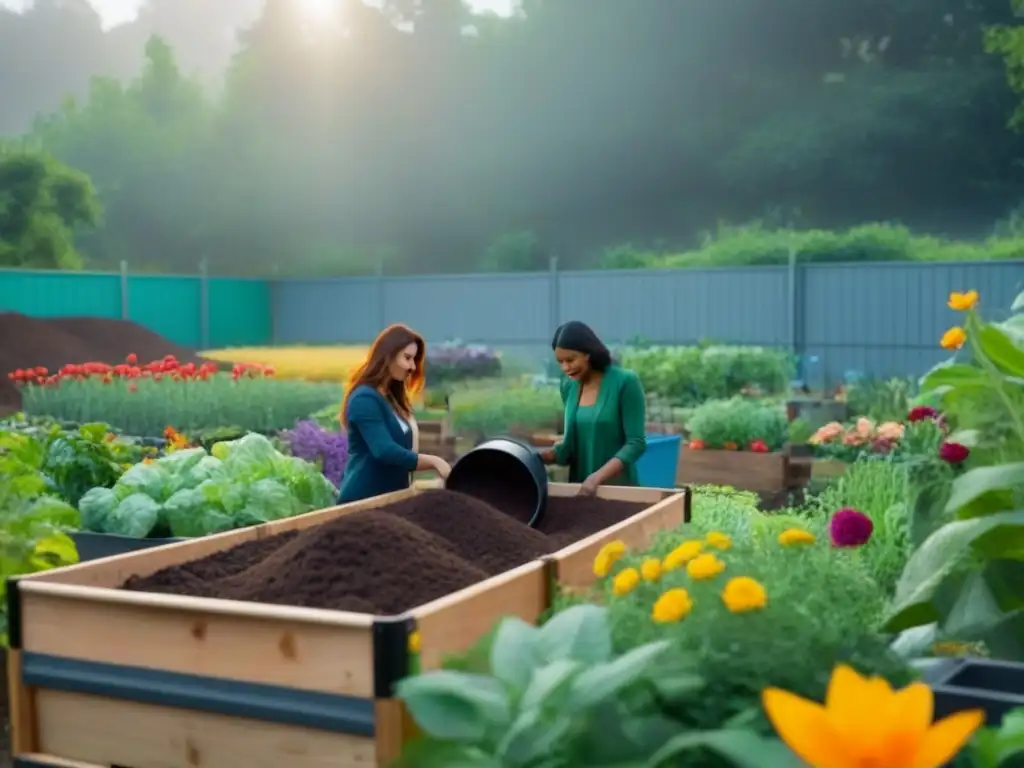 Un jardín comunitario vibrante con diversidad de plantas y personas felices trabajando juntas en compostaje comunitario para desechos orgánicos