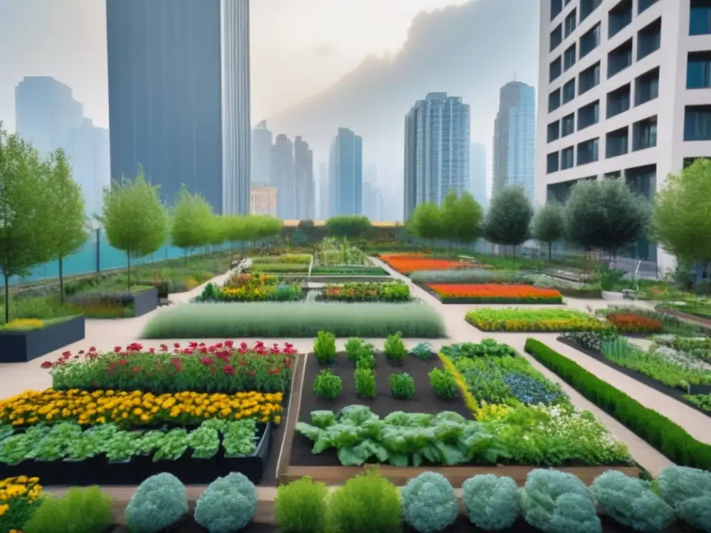 Un jardín comunitario vibrante dentro de un paisaje urbano, reflejando urbanismo participativo espacios verdes