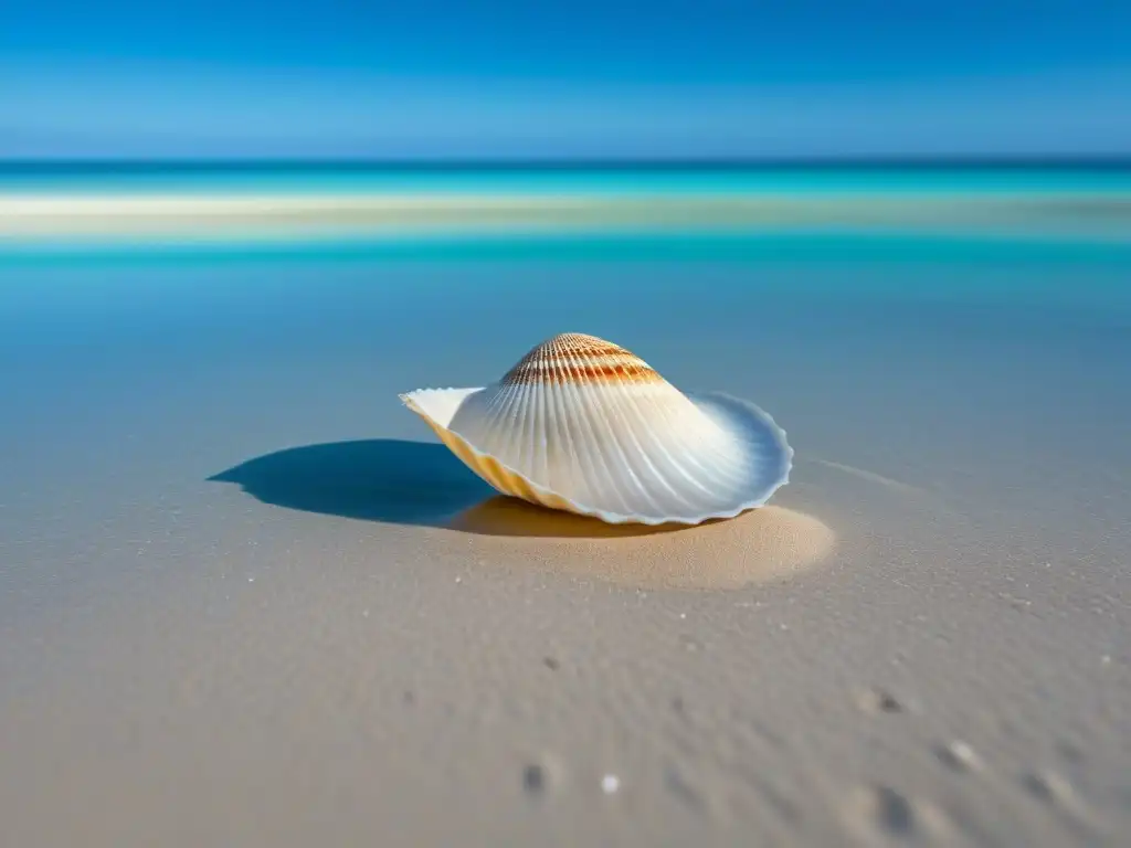 Una concha solitaria reposa en la arena de una playa de aguas turquesas, reflejando un cielo azul