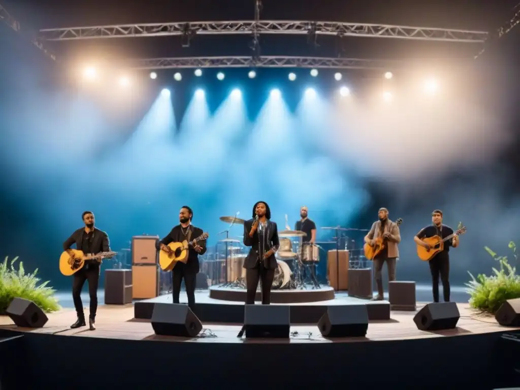 Concierto de artistas comprometidos con el movimiento zero waste, tocando en un escenario eco-friendly bajo un cielo estrellado