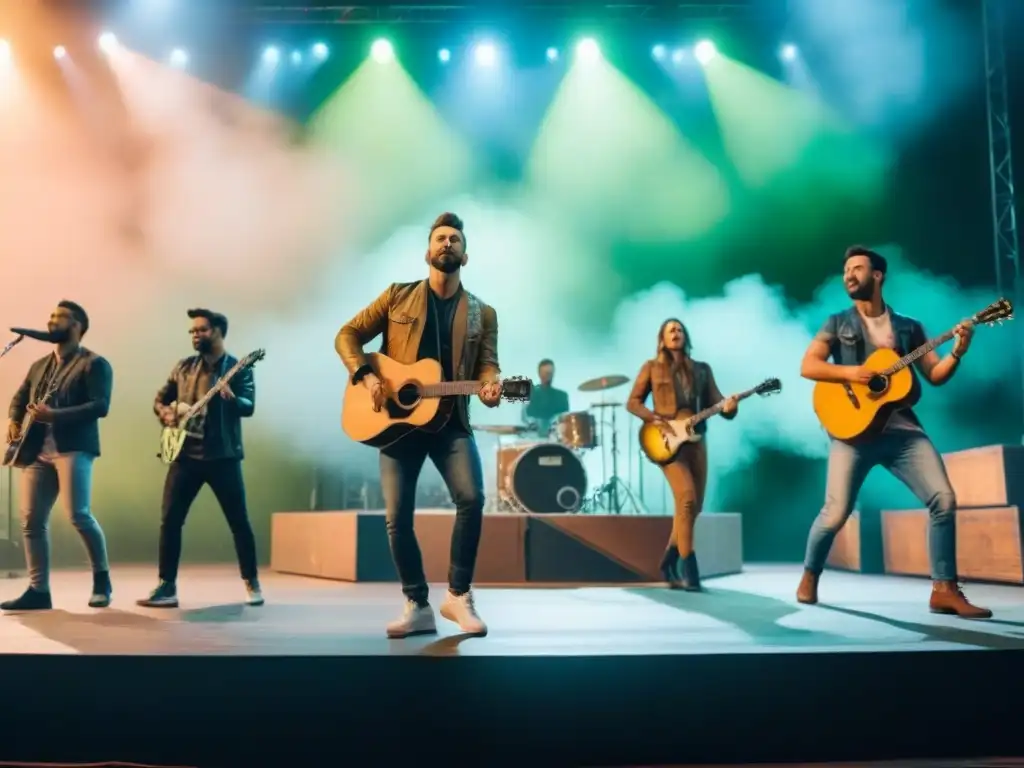 Concierto de banda musical en escenario sostenible, público diverso bailando