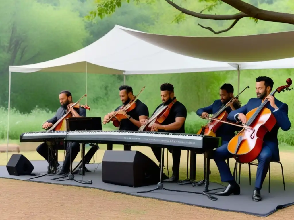 Concierto de músicos con instrumentos musicales eco-friendly reciclados bajo un dosel de árboles verdes vibrantes