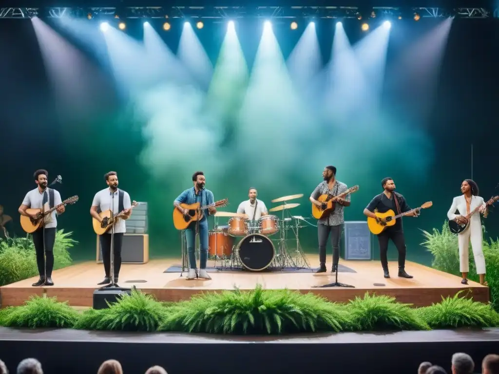 Concierto sostenible: músicos y público disfrutan de la música en un escenario eco, rodeados de elementos zero waste