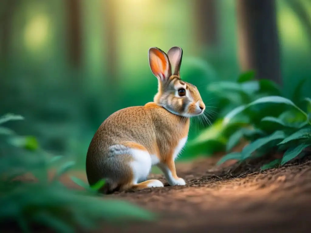 Un conejo sereno en un bosque verde, con luz suave entre los árboles