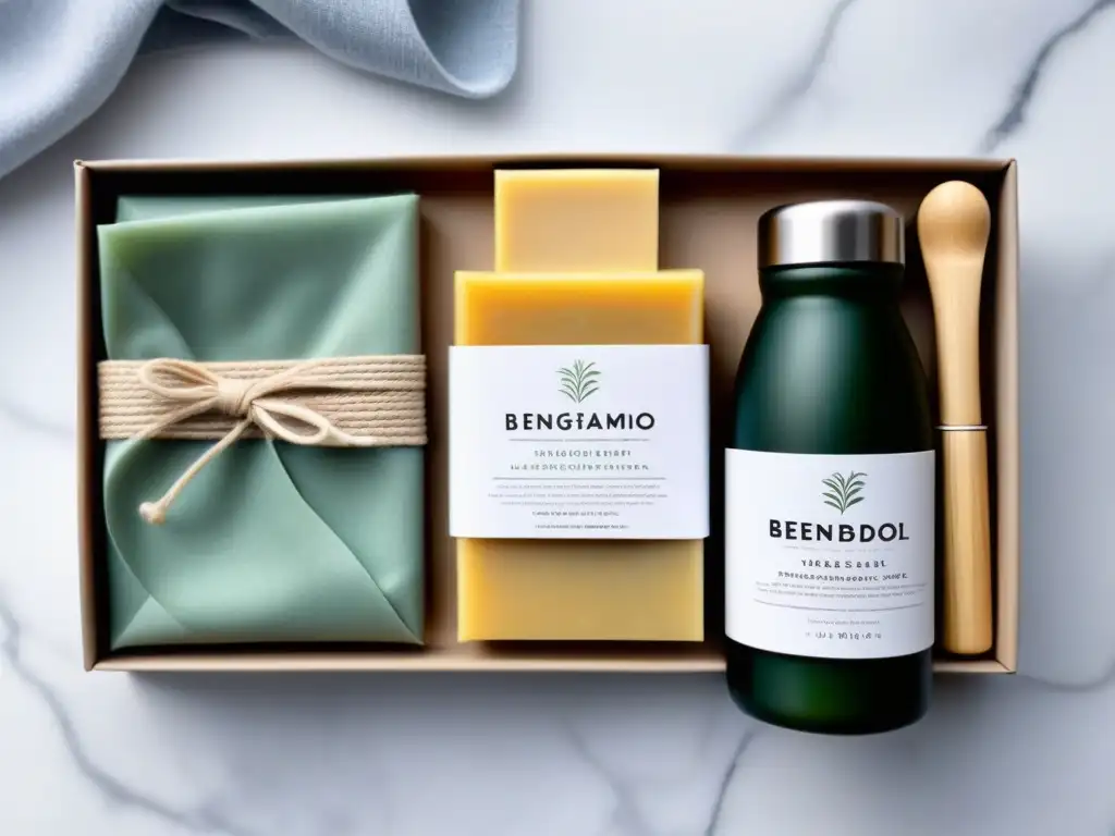 Conjunto ecoamigable en mármol blanco: utensilios bambú, botella acero inoxidable, envolturas cera abejas y kit skincare