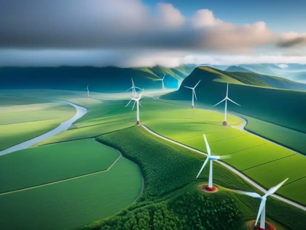 Un conjunto interconectado de fuentes de energía verde simbolizando la reducción de la huella de carbono a través de políticas públicas