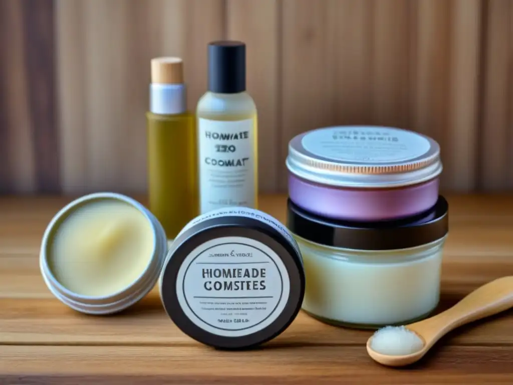 Un conjunto minimalista de cosméticos zero waste caseros, resaltando la belleza y sencillez de las opciones ecofriendly