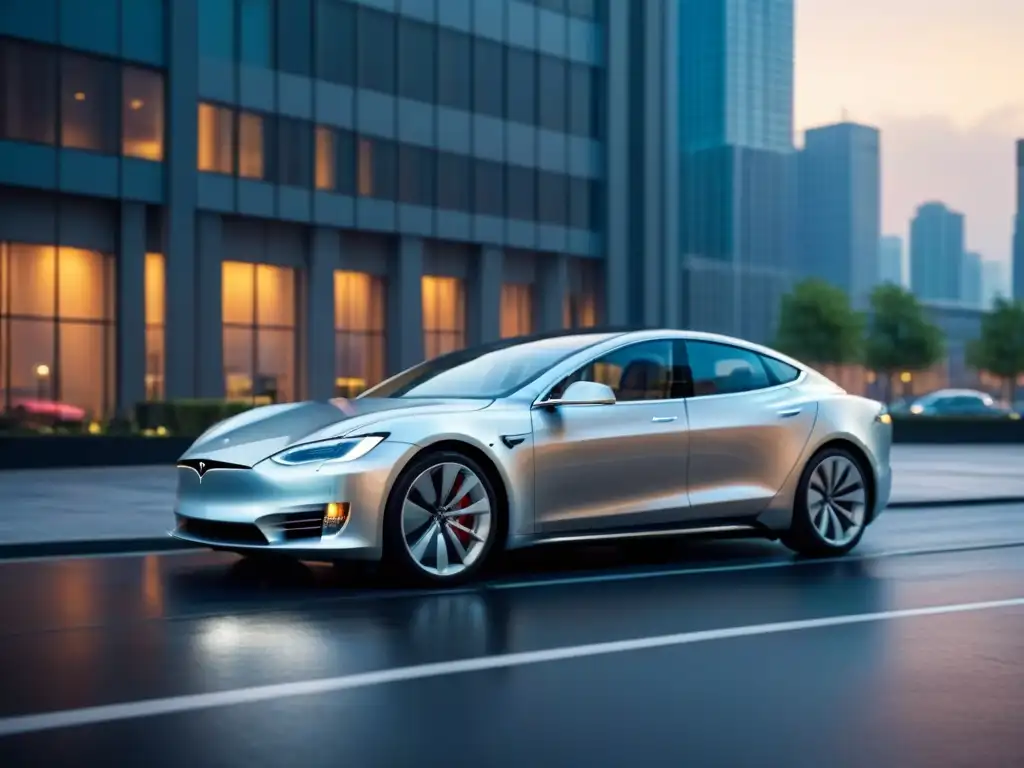 Consejos compra coches eléctricos usados: Tesla Model S plateado brillante estacionado en ciudad futurista con cargadores eléctricos