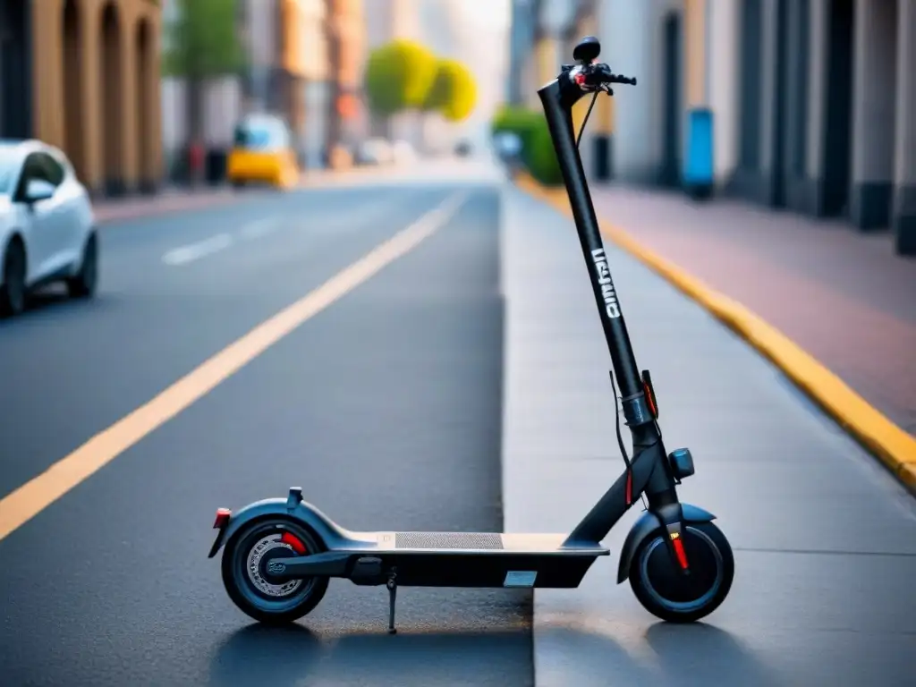 Consejos seguridad scooters eléctricos: Detalles urbanos de un scooter eléctrico con equipamiento de protección en la ciudad